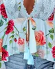 Kvinnors T -skjortor Topp kvinnor 2024 Spring Fashion Floral Print Frill Hem Lantern Sleeve Casual Plunge Lång bunden detalj dagligen Y2K kläder
