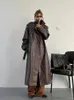 Женские траншевые пальто весенняя осенняя коричневая кожаная пальто коричневого коричневого цвета для женского ремня двойная грудь американская и европейская мода 2024