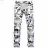 Herren Jeans Herren hochwertige Street Fashion gedruckt Jeans Slim Fit Elastic Denim Pants Zeitungsmalerei Party Jeans coole Freizeitjeans;Wx