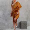 Urban Sexy sukienki Kobiety jedno ramię Batwing SLE Slim-Fit Midi Sukienka Seksowna asymetryczna Rucha Wrap Plirzona wysoka talia Bodycon Drop wysyłka D240427