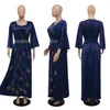 Etnische kleding luxueuze diammonds vrouwen dubai abaya flare mouwen bladpatroon v nek mode moslimgewaad het Midden -Oosten avondjurk in het Midden -Oosten