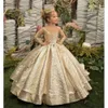 Kleid Prinzessin Gold Blumenmädchen Illusionshülle mit Bugknöpfen üppiger Rock Geburtstag Hochzeitsfeier Kinder Brautjungfer
