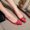 Casual schoenen dames rood satijnen strass square gesp geworden vlakke enkele schoen ondiepe mond bruiloft