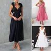 Lässige Kleider 1pc v Hals Frauen Abendkleid Cors Rücken Rüschen plissierte schlanke Taille ärmellose Schnürgurt Knöchel Länge Party Maxi