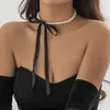 Salircon Koreańska romantyczna imitacja Pearl Beaded Choker Modna Moda Czarny aksamit Regulowany Dziek Naszyjnik Bankiet Wedding Biżuter