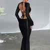 Robes décontractées 2024 Automne Hollow Out Tricoted Long Women Sexy V Neck Full Sleeve Lace Up Bodyless BodyCon MAxi Party Beachwear