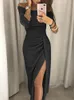 Casual Dresses Linxiqin 2024 Women's Off Shoulder Long Sleeve BodyCon Evening Party Dress Asymmetrical Split Pencil S M L XL XXL