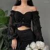 Kvinnors T-skjortor Chiffon Bow Crop Top Women Off Axel Puff Sleeve Shirt Estetic Tee Autumn Sexig Elegant Fairy See Through T-shirt