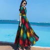 Robes de fête 2024 Summer en mousseline de soie grand swing imprimé élégant mince en V V-Neck Oversize 4xl Long Bohemian Robe