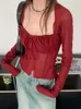Yedinas Streetwear Burgundy Mesh Tops Long Sleeve Lace Up Square Collar T Shirt Women Crop Spring Summer Y2K Chic Tops 240422