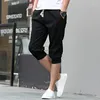 Men's Pants Summer Sports Trend Versatile Casual Shorts Solid Elastic Waist Drawstring Pockets Cotton Calf Length Cropped