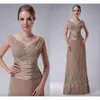 Plus-storlek Champagne Mother of the Bride Dress A-Line Cap ärmar Chiffon Lace Pärled Long Elegant Wedding Groom-klänningar 2023 Ny 0431