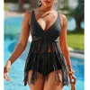 Women's Swimwear Summer 2 Piece Push Up Bikini Set Sleeveless Deep V Neck Fringe Tank Top Solid High Waist Thong Two Beachwear