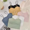 Camisoles zbiorniki Summer miękki lodowy jedwabny topy kobiet fala krawędzi design t-shirt t-shirt spaghetti pasek stanik z filiżankami solidny kolor