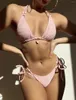 Women's Swimwear Bikini Set Sexy Pink Micro Thong Bead String Halter Women Mini Swimsuit Bathing Suit Lace-up Biquinis Triangle