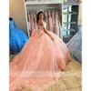 Różowe ramię z księżniczki suknia balowa sukienki Quinceanera sukienki z koralikami gwiazd imprezowych sukienki ukończenia ukończenia kokardki vestido de 15 s s s s s s S