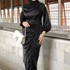 Ethnic Clothing Fashion Malaysia Elegant Satin Body-con Pleated Long Maxi Slim Muslim Dress For Women