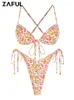 Trajes de baño de baño femenino zaful ditsy floral traje de baño bikini escaso estampado lateral de corbata ñada criss cross alto pierna bohemia playa acolchada