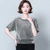 Blouses -shirts voor dames Casual Short Slve Tunic Blouse Red Black Shine Vrouwen Kleding Plezier Mode Elegant Shiny Pailles Glitter Shirt Tops 14081 Y240426