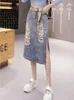 Skirts Retro Blue Denim Fringe Slim Umbrella Half Length Skirt For Women A Line