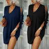 Partykleider Mode Sommer Damen Solid Mini Kleid sexy lose V-Ausschnitt Nagel Perle Schnürhülle lässige elegante Pullover Vestidos weiblich