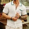 Men's Polos Light Luxury Leisure Knitted Shirt Summer Retro Solid Short Sleeve Tee Button T-Shirts Fashion Patchwork Knitwear
