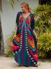 Partykleider 2024 Multikolored Kaftan Bohemian bedruckte V-Ausschnitt Batwing-Amele Maxi Kleid für Frauen Sommer Beach Kleidung Q1342