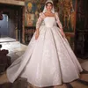 Robe de mariée scintillante 2024 Princesse Ball Bow Square Nou Pouffle Sleeveves longs Sequins Lace Pearls Dubai Bridal Robes Vestido de Novia