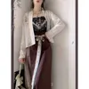 Etnisk kläder kinesisk klänning Tradicional Hanfu Womens Clothing Cardigan Two Piece Suspender kjol mångsidig vår sommar tre bit set