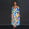 Imprezy z ramionami Seksowna geometryczna druk Kobiety Summer Długie plisowane sukienka 2024 Casual Vacation Boho Maxi Ladies