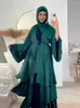 Etniska kläder eid abayas för kvinnor muslimska satin 3 lager jalabiya ramadan robe tårta klänning kaftan långa klänningar vestido largo cardigan