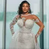 Luxury Wedding Dress for Bride Mermaid Plus Size Sheer Neck Long Sleeves Beaded Lace Wedding Gowns with Detachable Train for Marriage for Nigeria Black Women W029