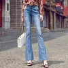 Frauen Jeans Damen hohe elastische Taille ausgestattet Hosen Frauen Stilvolle blaue Flare Mode weibliche Jeanshose Aufermaßen dünne Weitbein Pant G73