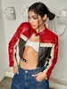 Women Fashion Punk Bikercore Colorblock Reißverschluss besetzt Detail Crop PU Leder Moto Jacke Y2K Frühling kurzer Außenbekleidung 240428