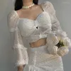 Kvinnors T-skjortor Chiffon Bow Crop Top Women Off Axel Puff Sleeve Shirt Estetic Tee Autumn Sexig Elegant Fairy See Through T-shirt