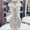 Arabic Aso Size Ebi Plus Luxurious Beaded Crystals High Mermaid Bridal Dresses Sheer Neck Wedding Gowns