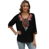 Women's Blouses Eaeovni Boho Embroidered Tops 3/4 Sleeve Mexican Peasant Shirts Bohemian Loose Tunic