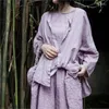 女性用ブラウスQPFJQD女性レトロ夏秋の紫色のoneckロングスリーブシャツトップ2024女性コットンソフトカジュアル