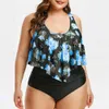 Badebekleidung neuer Bikini hoher Taille Rüschenkante gedruckte Badebekleidung Streifen Split Bikini Plus Size