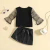 Vêtements Ensembles pour enfants Girls Été Vêtements Baby Mesh Flare Tops à manches longues Pu Leather Bandage mini jupes