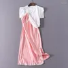 Casual Dresses Single Layered Lace Shoulder Straps Dress With Pink Satin Stitching F0540 Sleeveless T-shirt