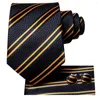 Bow Ties Hi-tie Designer Gold Black Striped Jedwabny krawat ślubny dla mężczyzn prezent na prezent krawat hanky mankiet z imprezą biznesową kropla