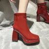 Sıradan ayakkabılar ayak bileği botları moda seksi deri kalın yüksek topuk sevimli gotik platform kırmızı fermuar kısa mujer kadınlar