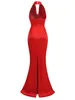 Casual jurken modphy vrouwen sexy backless mouwloze halter v-neck rood gedrapeerde maxi long bodycon jurk 2024 elegante Pary Evening Wedding