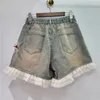 Women's Shorts Spliced Lace Wide Leg A-line Flower Denim For Women 2024 Summer High Waist Versatile Pants Female 29L7440
