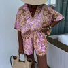 Saisies de parcours pour femmes Elegant Pattern Print Shirt Optfits Fashion Button Button Tops and Shorts Pant Suit Women Casual Crown Sheve Party Loose