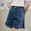 Dames shorts Neeple vintage blauwe denim voor vrouwen y2k hoge taille ruches kralen korte broek 2024 zomer losse wide been jeans