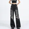 Dżinsy damskie rozryte Y2K High Street Boyfriend Pants Retro myted czarna prosta noga 2024 Moda