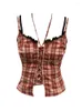 Damestanks Japanse streetwear Red Crop Top Vintage Spring Summer Basic Lace Camisole Fashion Classical Plaid Vest Off Shoulder Casual