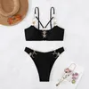 Swimwear féminin 2024 TRENDE FEMMES FEMMES BACILAGE SEXE SEXY 2 pièces Bikini Set Metal Rings Mid Waist Brazilian Summer Female Swimsuit